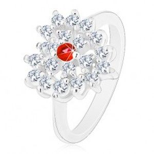 Prsten ve stříbrném odstínu, čiré zirkonové srdce s červeným středem R43.8