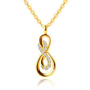 14K náhrdelník ve žlutém zlatě - symbol propletené nekonečno, čiré zirkony, plochá očka