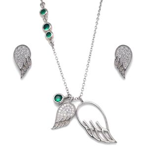 Sada šperků se zirkony náušnice a přívěsek bílá křídla a zelené krystaly 19001.3 emerald