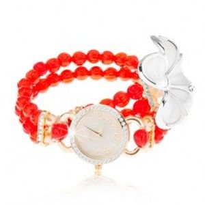 Analogové hodinky, korálkový červený náramek, ciferník se zirkony, bílý květ Z02.05