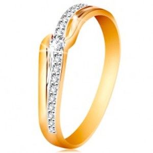 Blýskavý zlatý prsten 585 - čirý zirkon mezi konci ramen, zirkonová vlnka GG191.68/75