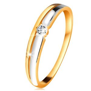 Briliantový prsten ze 14K zlata - čirý diamant v kruhové objímce, dvoubarevné linie - Velikost: 49