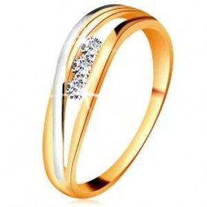 Briliantový prsten ze 14K zlata, zvlněné dvoubarevné linie ramen, tři čiré diamanty BT179.28/34/503.01/05