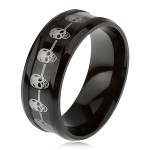 Černý prsten z oceli 316L, snížený střed s linií lebek - Velikost: 57