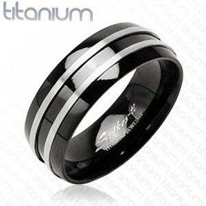 Černý prsten z titanu - dva stříbrné tenké pásy - Velikost: 49