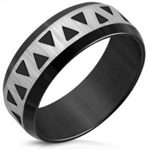 Černý prsten z oceli - zkosené hrany, saténový pás s šipkami, 8 mm K06.18