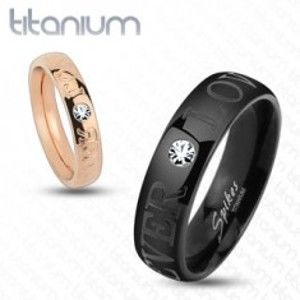Černý prsten z titanu, blýskavý čirý zirkonek, nápis FOREVER LOVE, 6 mm HH15.16