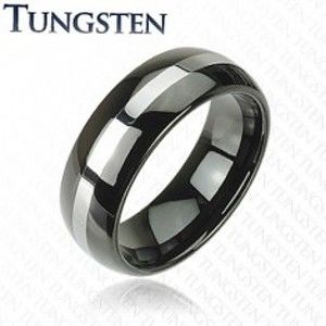 Černý prsten z wolframu, pás stříbrné barvy, zaoblený povrch, 8 mm Z36.11