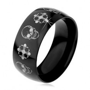 Černý ocelový prsten, lebky a kříže stříbrné barvy, 9 mm H6.13