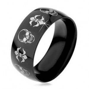 Černý ocelový prsten, lebky a symboly Fleur de Lis stříbrné barvy, 9 mm H6.19