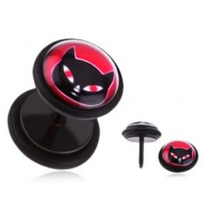 Černý fake plug do ucha s PVD úpravou - ocelový, kočka s červenýma očima PC30.14