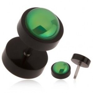 Černý falešný plug do ucha z akrylu, zelená kulička s duhovým leskem PC01.21