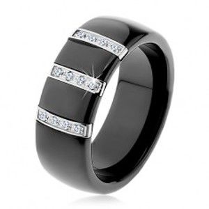 Černý keramický prsten s hladkým povrchem, tři ocelové pásy se zirkony H1.9