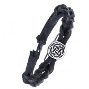 Černý kožený náramek - pletenec, keltský uzel v kruhu Z14.18
