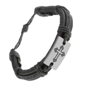 Černý kožený náramek se šňůrkami, obdélník s vyrytým berličkovým křížem Z21.10