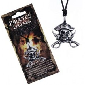 Černý náhrdelník - kovová lebka piráta s kloboukem a meči AA22.30