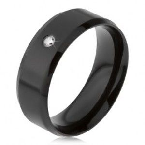 Černý ocelový prsten, čirý kamínek, zkosené okraje BB15.06