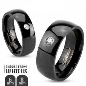Černý ocelový prsten, lesklá zaoblená ramena, čirý zirkonek, 6 mm M01.23