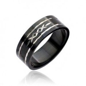 Černý prsten z oceli - vyryté křížky J5.1