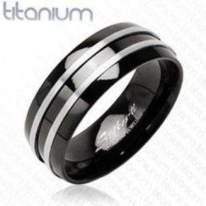 Černý prsten z titanu - dva stříbrné tenké pásy J1.9