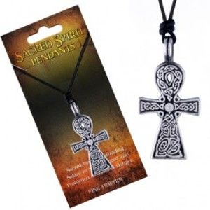 Černý šňůrkový náhrdelník, přívěsek kříže Sacred Spirit, keltské uzly