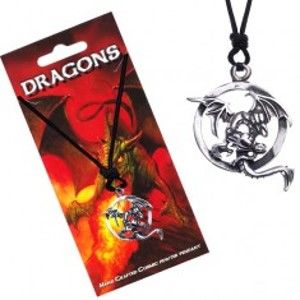 Černý šňůrkový náhrdelník s letícím drakem v obruči Y54.08