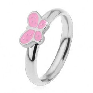 Dětský prsten z chirurgické oceli, stříbrný odstín, motýlek s růžovou glazurou H3.19