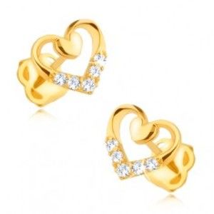 Diamantové náušnice ve 14K zlatě - obrys srdce s menším srdíčkem a brilianty