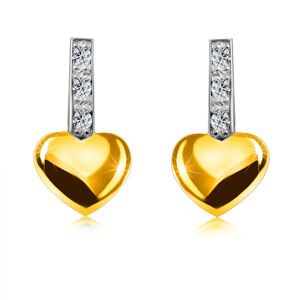Diamantové náušnice z 9K žlutého zlata - proužek s brilianty, hladké srdce, puzetky, rhodiované