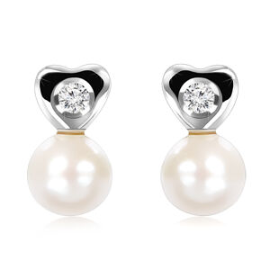 Diamantové náušnice z bílého 9K zlata - drobné srdce, čirý briliant, hladká perla