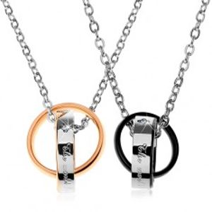 Dva ocelové náhrdelníky, dvoubarevné propojené kroužky, nápisy, zirkony Z28.19
