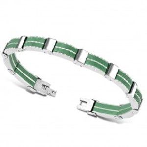 Dvoubarevný ocelový náramek - vícedílné články, pryžové pásky zelené barvy SP27.16