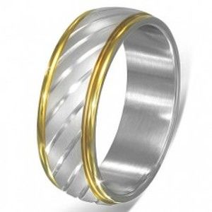 Dvoubarevný ocelový prsten - šikmé stříbrné zářezy a zlatý lem E4.7