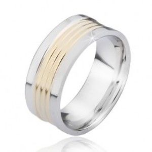Dvojfarebný oceľový prsteň so zaoblenými zlatými pásmi - Velikost: 70