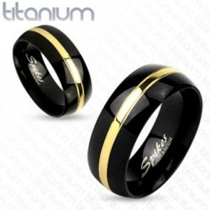 Dvoubarevný prsten z titanu, černý oblý povrch, pás zlaté barvy, 6 mm HH14.11