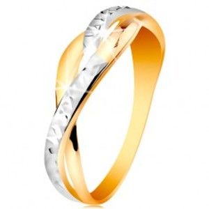 Dvoubarevný prsten ve 14K zlatě - rozdělené a zvlněné linie ramen, blýskavé zářezy GG192.15/23