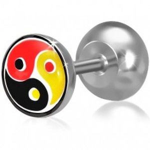 Fake plug do ucha z oceli, barevný Yin-Yang motiv O1.4
