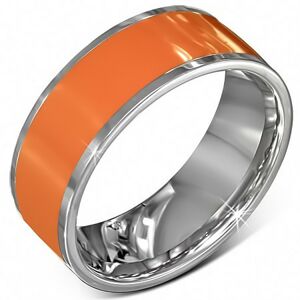 Hladký ocelový kroužek v oranžové barvě se stříbrným okrajem - Velikost: 56