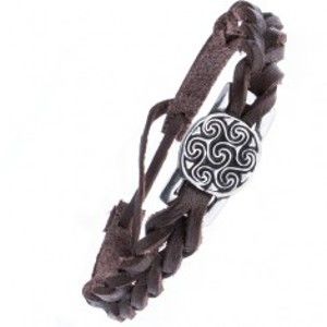 Hnědý kožený náramek pletený - známka, keltský motiv slunce