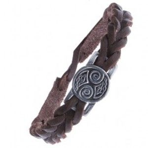 Hnědý kožený řemínek na ruku - pletený, známka, keltské uzlíky Z16.6