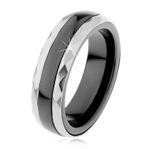 Keramický prsten černé barvy, broušené ocelové pásy ve stříbrném odstínu H1.7