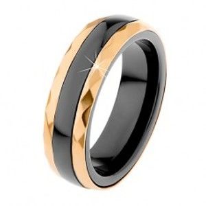 Keramický prsten černé barvy, broušené ocelové pásy ve zlatém odstínu H1.3