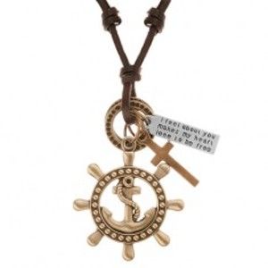 Kožený náhrdelník hnědé barvy, přívěsky - kormidlo s kotvou, kříž, známka Y37.13