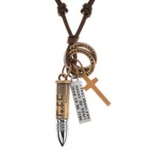Kožený náhrdelník hnědé barvy, přívěsky - nábojnice, kříž, známka a kroužky Y37.19