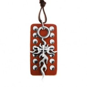 Kožený náhrdelník, nastavitelný - hnědá okovaná známka, Tribal kříž Z17.15