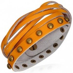 Kožený náramek - oranžové pásky, zlaté polokoule a pletenec AB22.11