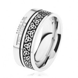 Lesklý prsten, ocel 316L, vzor - keltský uzel, lemy stříbrné barvy HH9.12