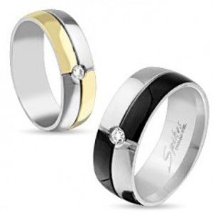 Lesklý prsten z oceli stříbrné a zlaté barvy, ozdobné zářezy, čirý zirkon, 6 mm SP46.17