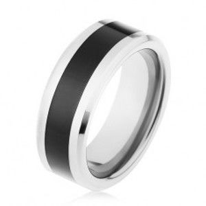 Lesklý prsten z wolframu, dvoubarevné provedení, černý pás, zkosené hrany HH10.14