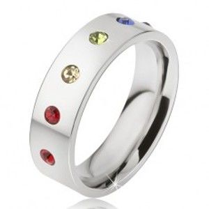 Lesklý ocelový prstýnek, šest barevných kulatých kamínků BB14.12